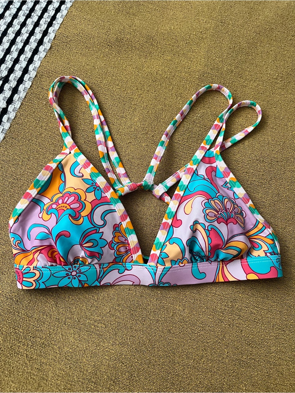 Bikini Top - straps, cross back Pink & Turquoise Sz M